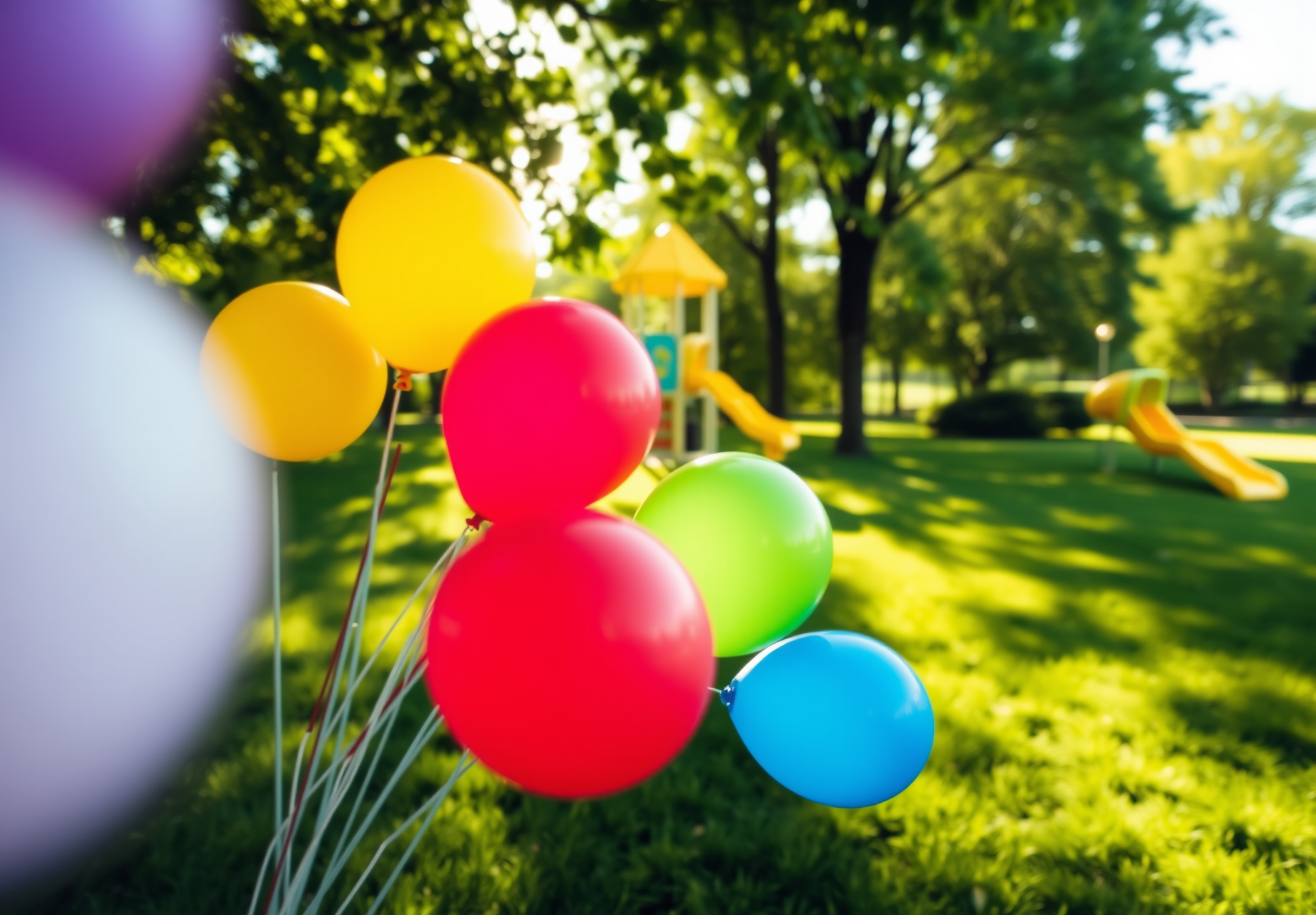 Colorful balloons shine in the sunlight on a grassy lawn in a park, with a green lawn and playground equipment in the background. - wallpaper image