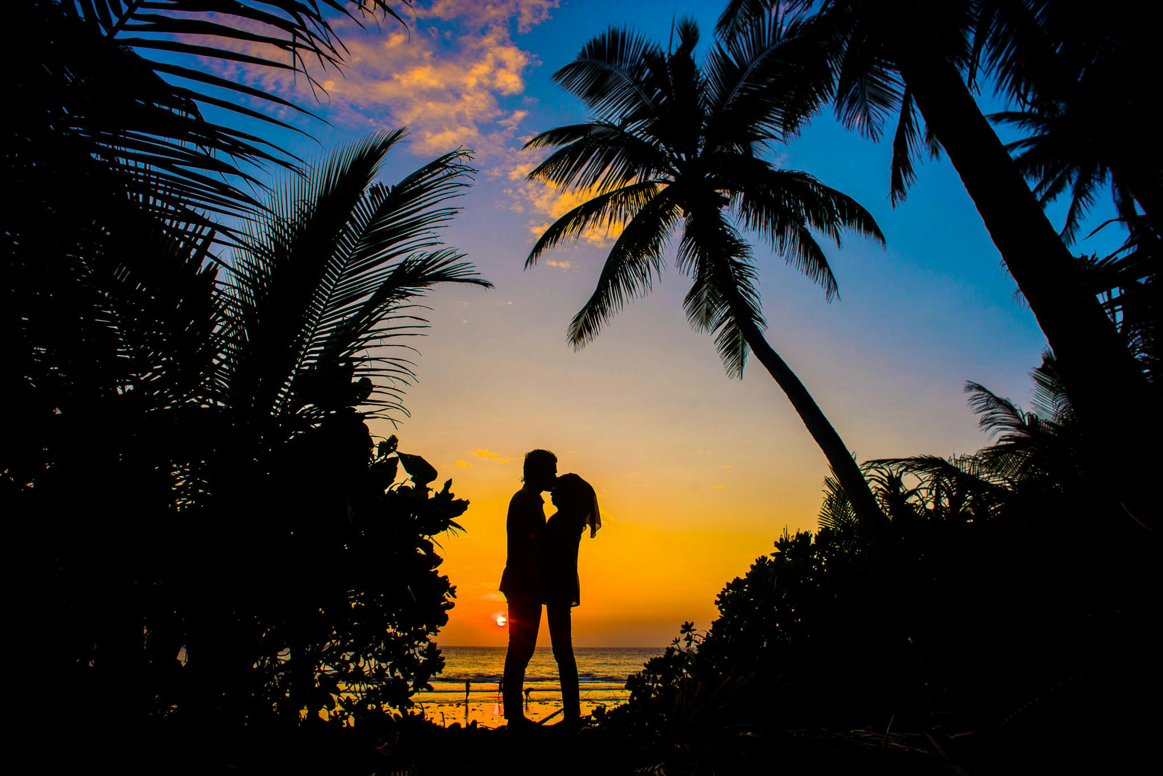 A couple embraces and kisses in the woods by the sea, the sun sets in the west, and the sky is full of colorful clouds. - free wallpaper image