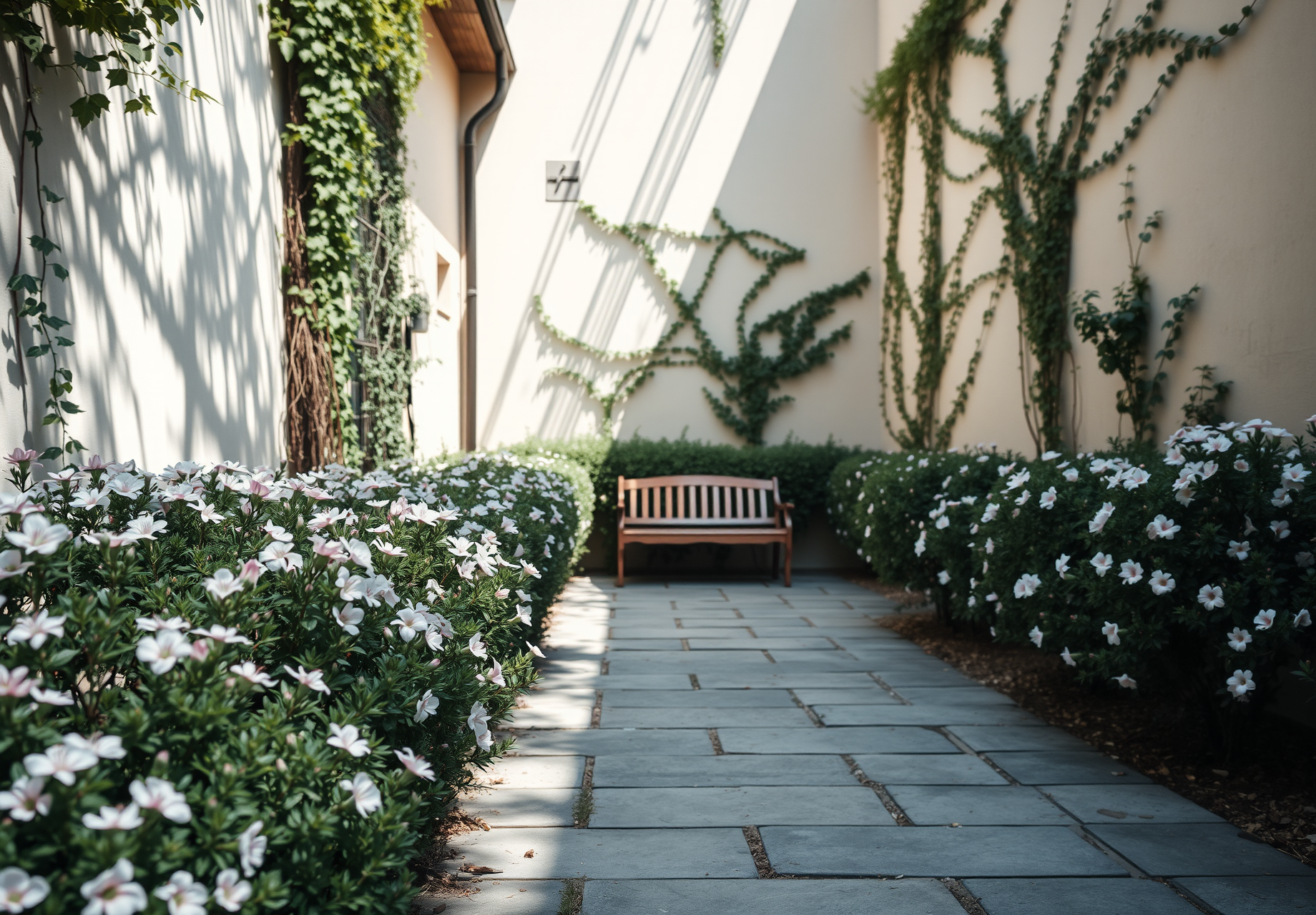 A stone path leads to a wooden bench in a lush courtyard, lined with white flowers. - wallpaper image