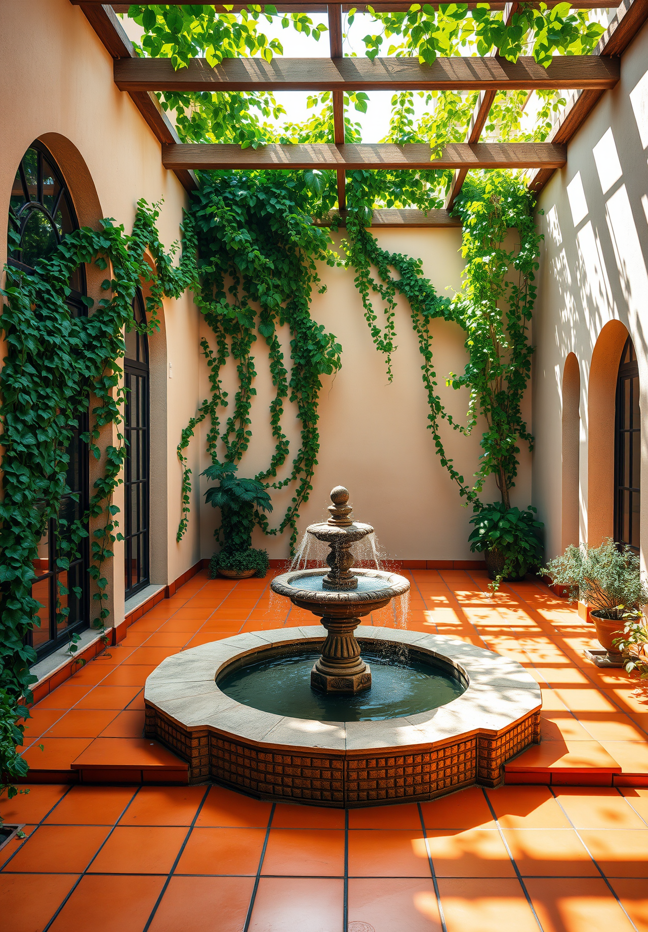 A courtyard with a fountain in the center, surrounded by green plants. There is a wooden pergola above, and sunlight shines through the leaves. - wallpaper image