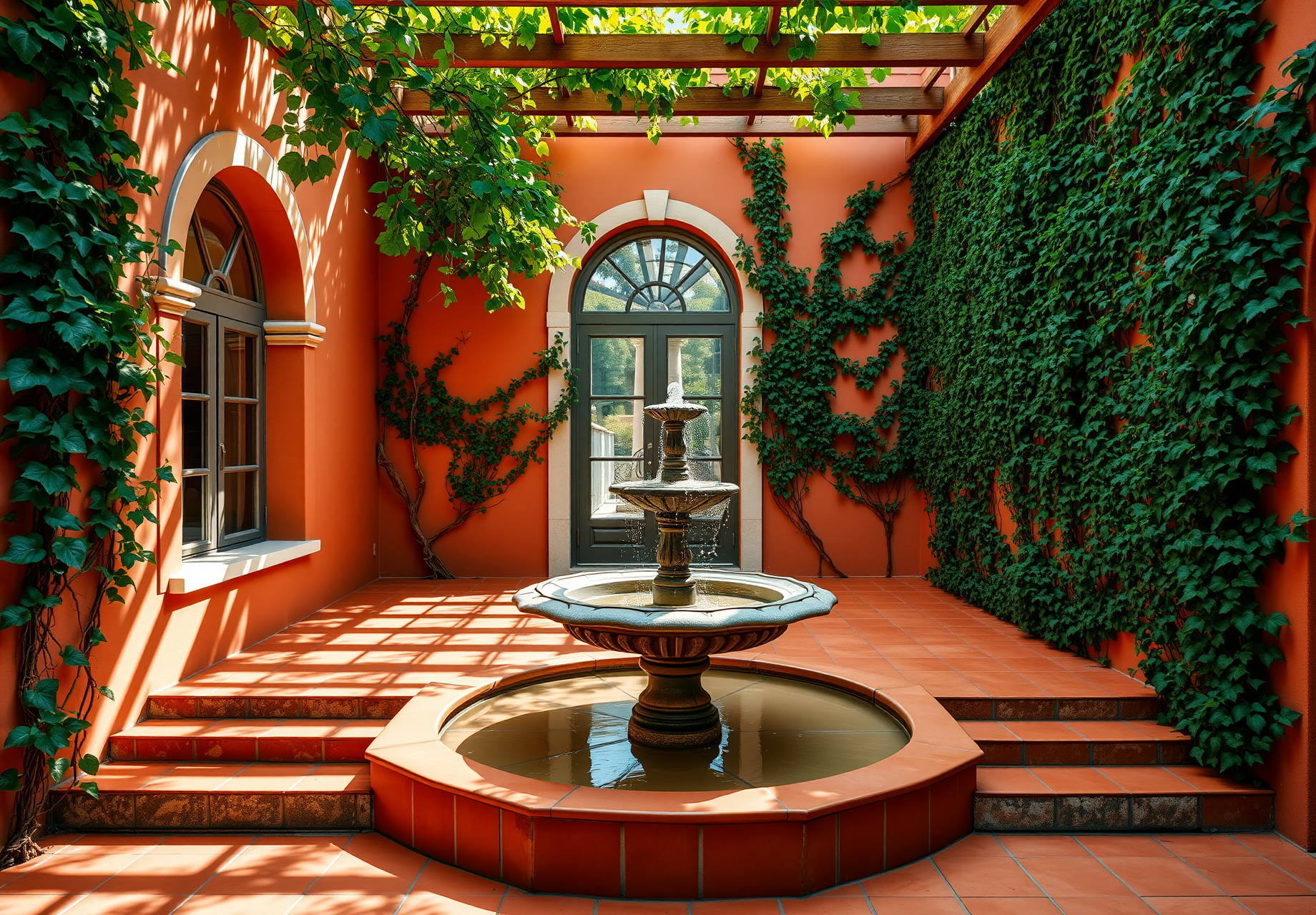 A stone fountain with water flowing gently in a courtyard, surrounded by green climbing plants and orange walls. The sun shines down, creating a peaceful and serene atmosphere. - wallpaper image