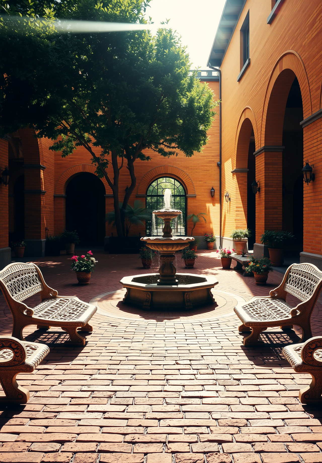 A courtyard with a fountain, the courtyard is surrounded by red brick walls, there are two wicker chairs in the courtyard, and the sun shines on the brick floor. - wallpaper image