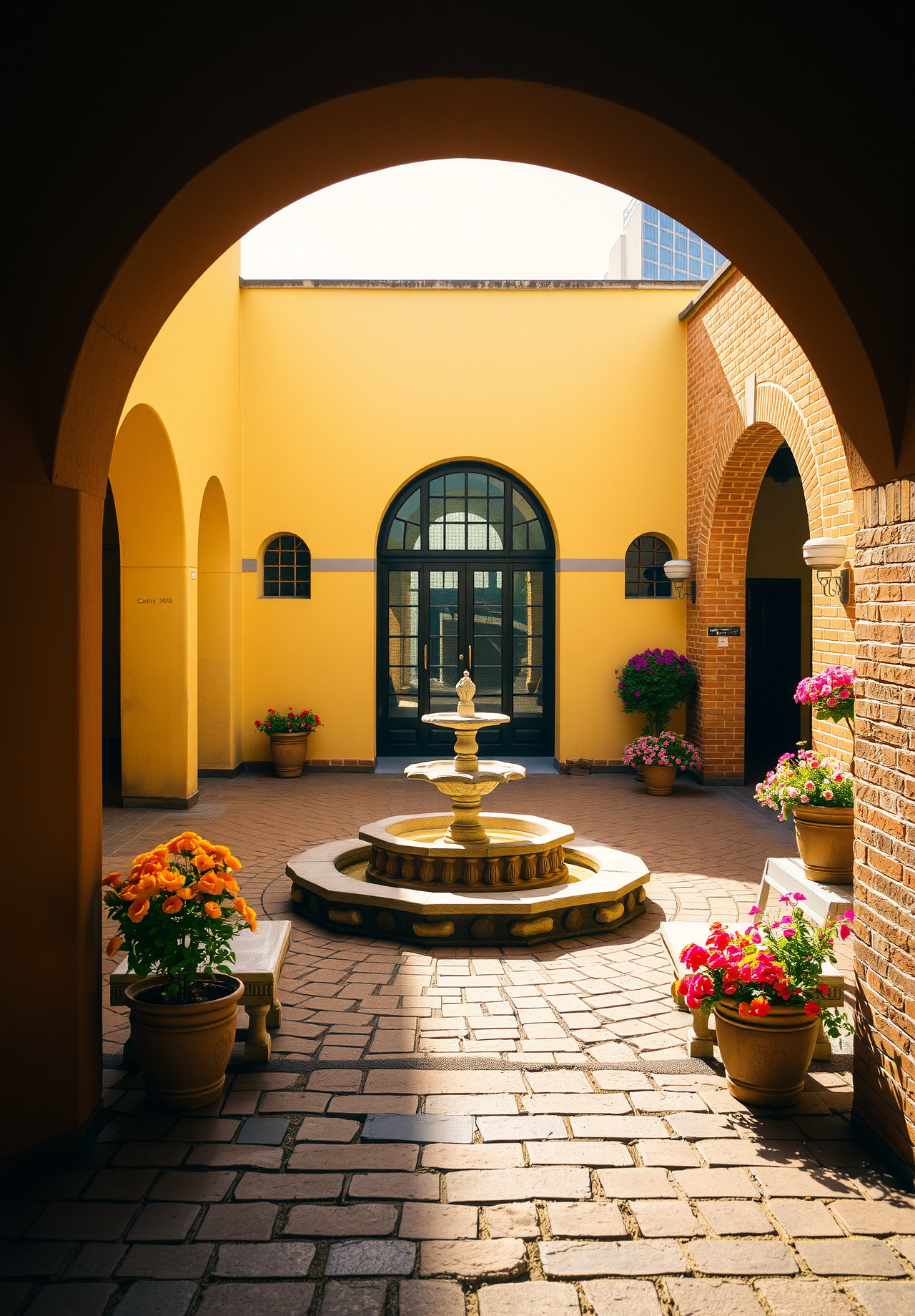 A courtyard surrounded by arches, with a fountain in the center, flower pots around it, yellow walls and brick-paved floor. - wallpaper image