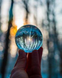 A hand holds a crystal ball that reflects trees and the setting sun. - free wallpaper image