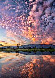 The sky is dotted with pink, purple and orange clouds at dawn, the clouds are reflected in the calm lake, forming a beautiful reflection. - free wallpaper image