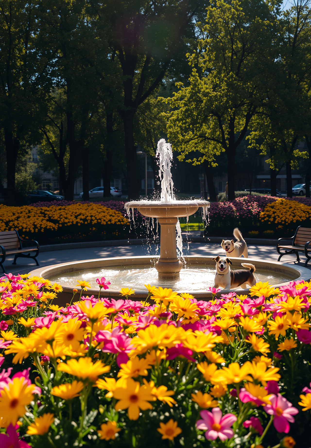 Two dogs are playing by a fountain in the park, surrounded by bright flowers - wallpaper image