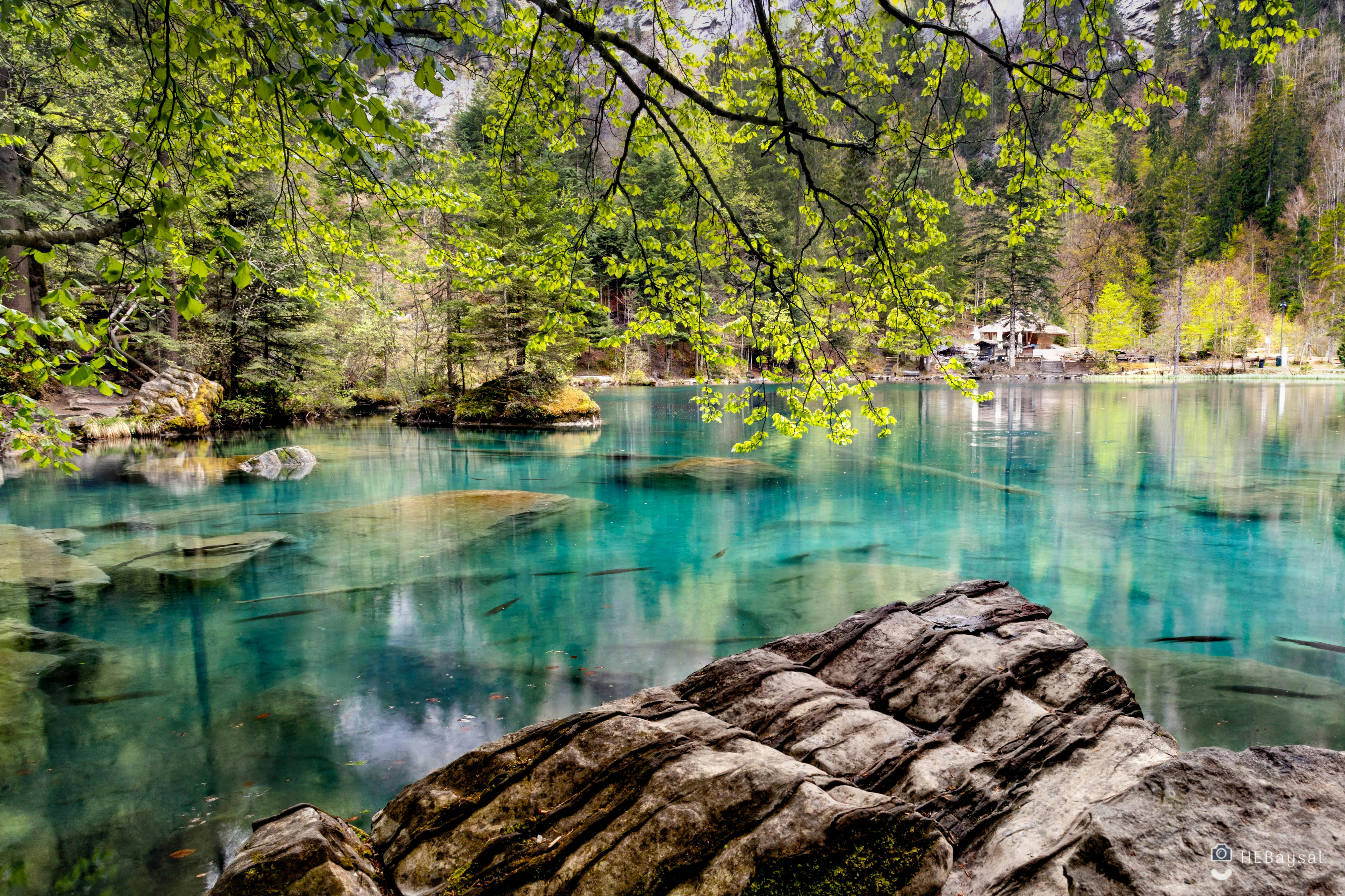 The lake is a beautiful emerald green color, the water is clear and you can see the bottom, surrounded by lush trees and rocks. - free wallpaper image