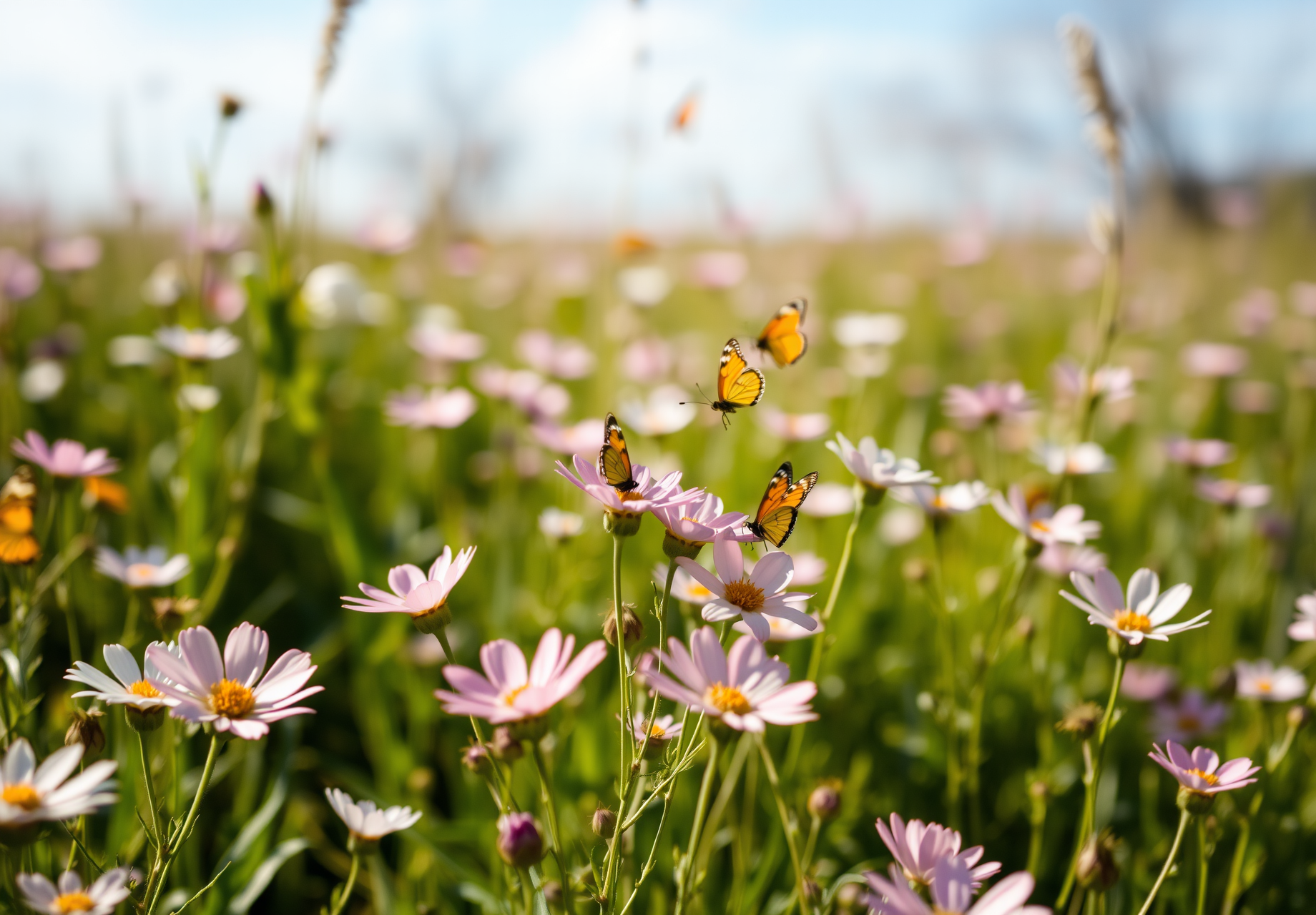 A vibrant field landscape with pink wildflowers blooming in a green meadow, orange butterflies fluttering among the flowers. - wallpaper image