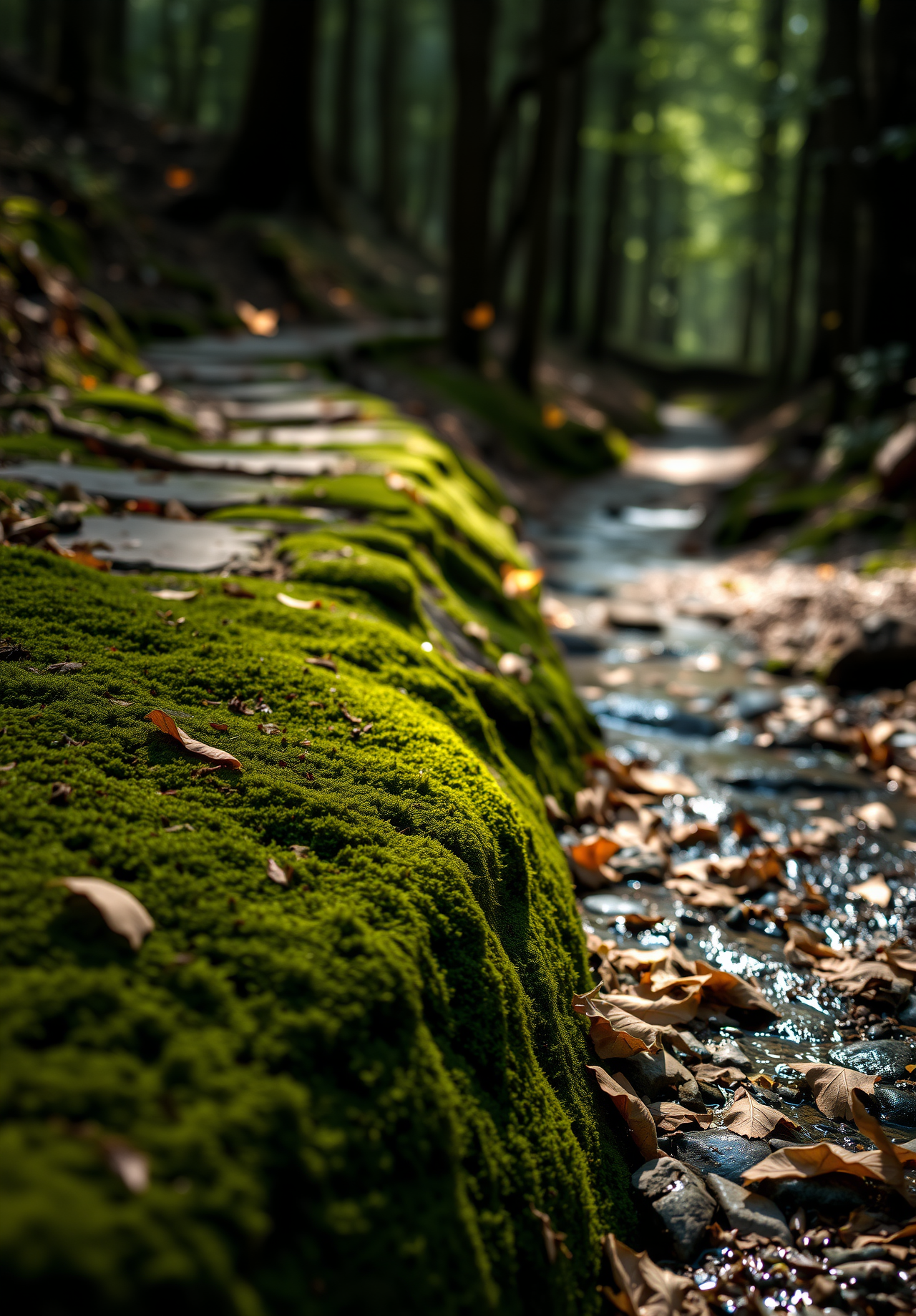 A small creek flows through the forest, with a stone path along the edge, covered in moss, sunlight shines through the branches, and the ground is covered in fallen leaves. - wallpaper image