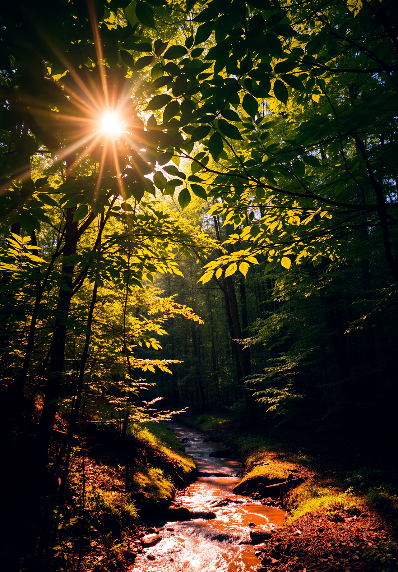 Sunlight shines through the leaves, illuminating a winding creek in the forest. - wallpaper image