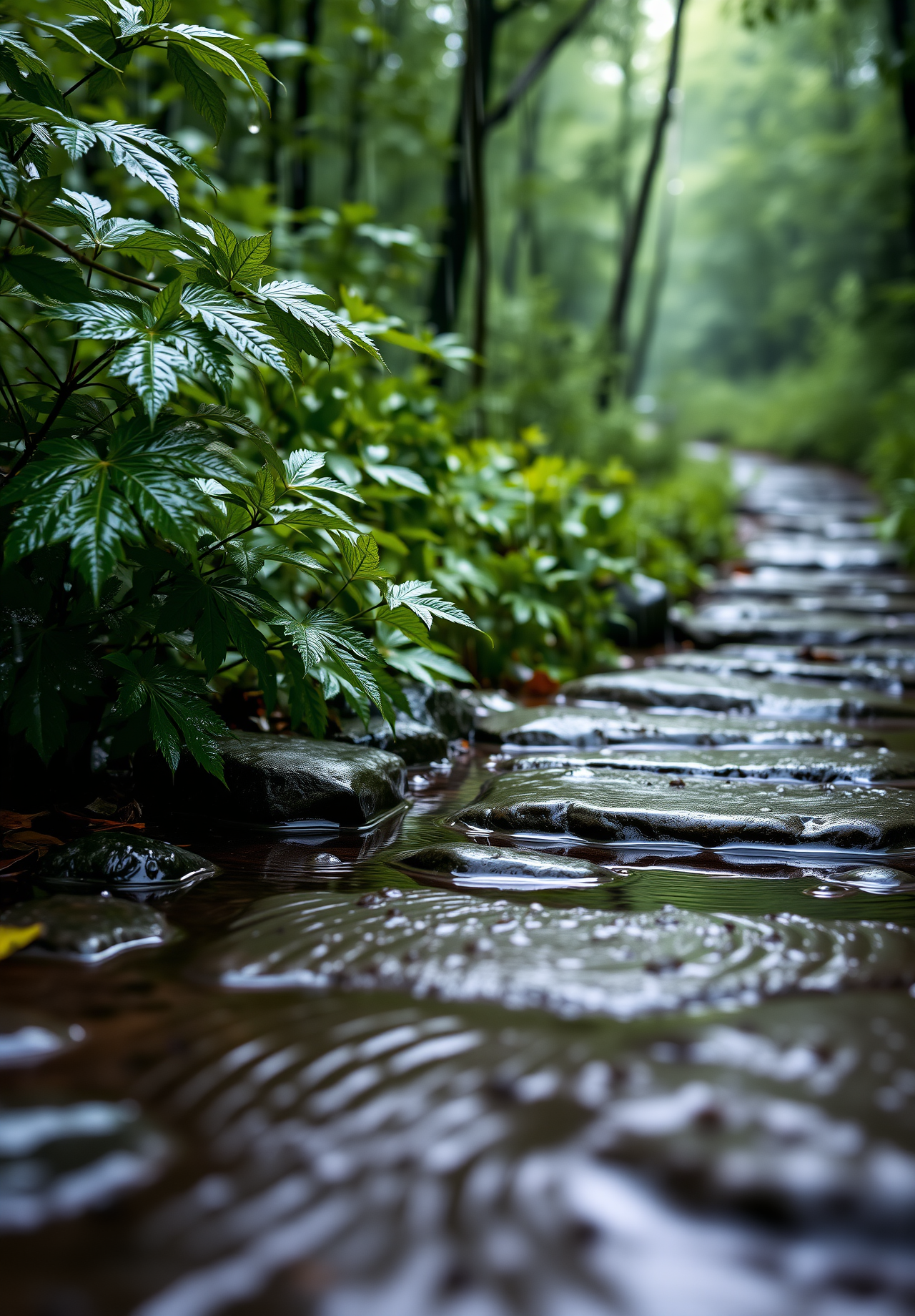 A path in a forest after the rain, the path is paved with cobblestones and wet with rain, gleaming. - wallpaper image