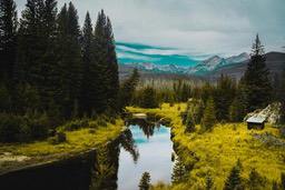 A winding creek flows through a forest, with green grass and tall trees on the banks, distant mountains in the background, and a light blue sky. - free wallpaper image