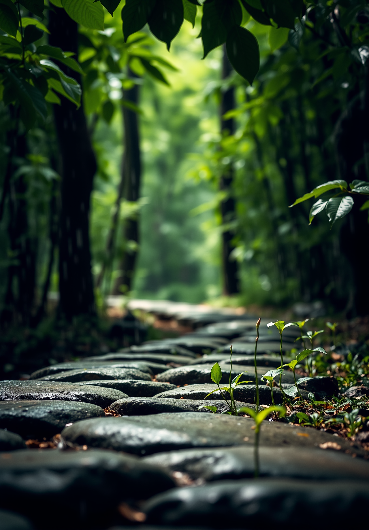 A stone path winds through a lush forest, with a few green seedlings growing on the side of the path. - wallpaper image