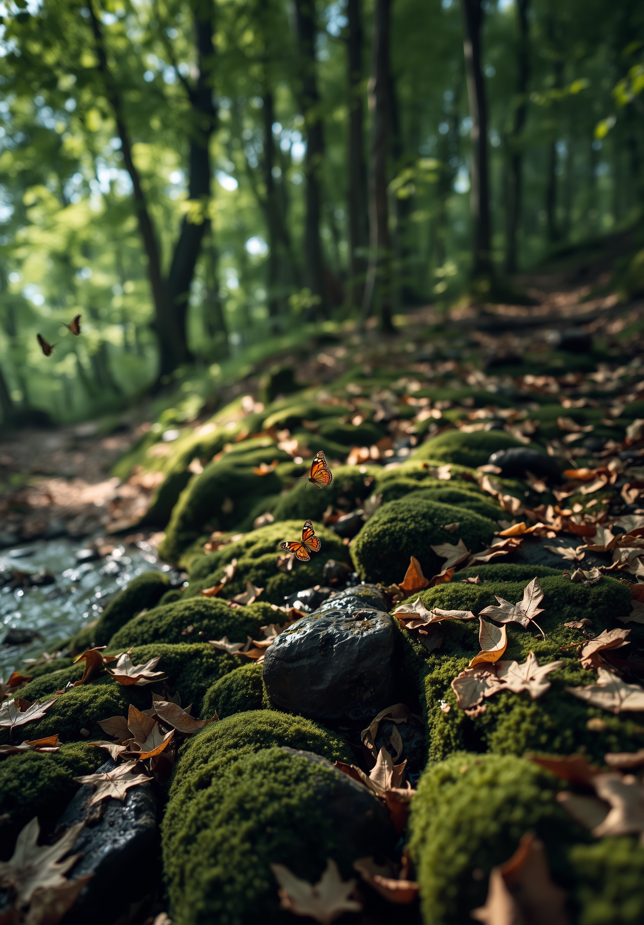 A small stream in the forest, covered with moss, a few butterflies are flying by the stream, and there are fallen leaves on the ground. - wallpaper image