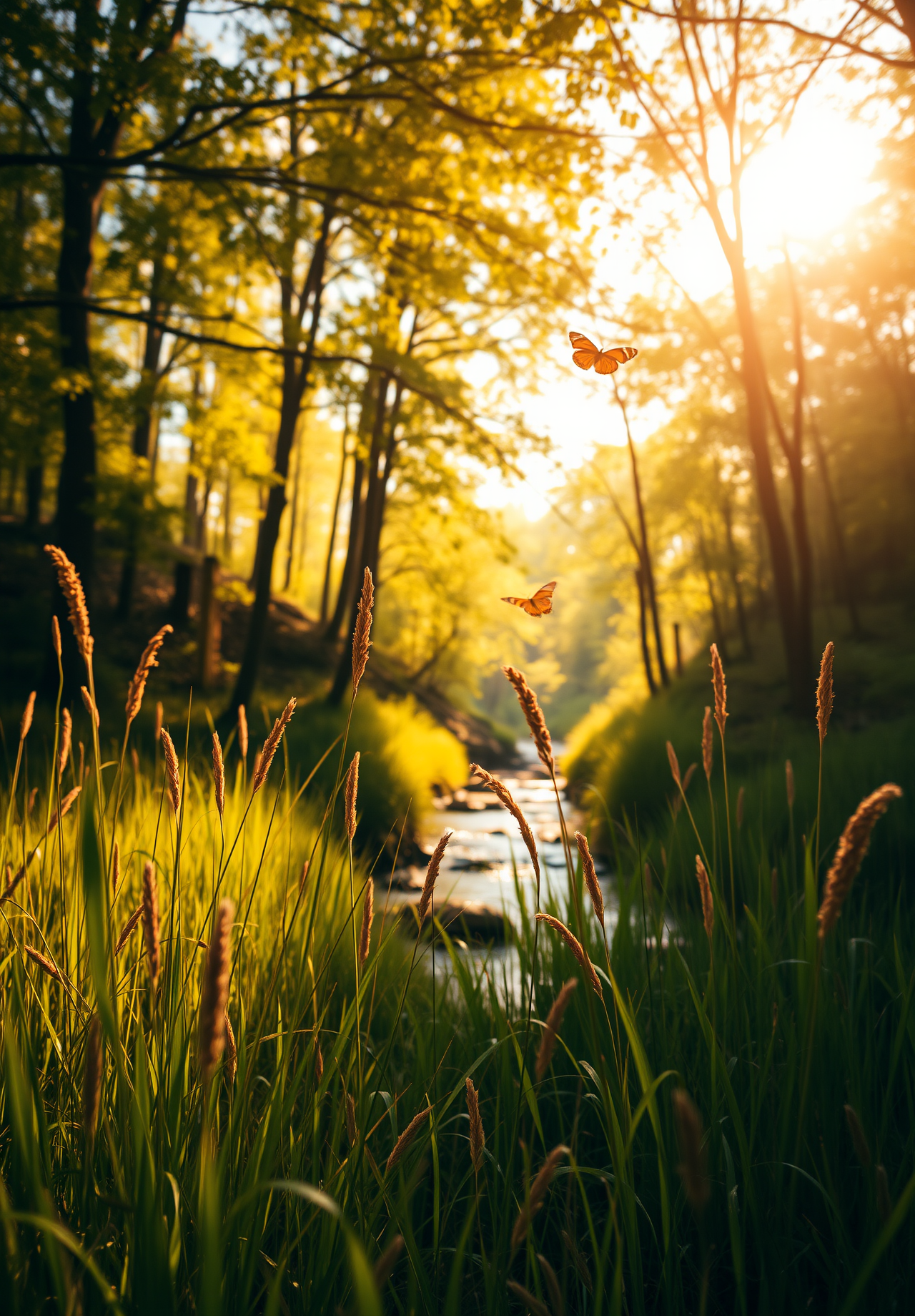 Sunlight shines through the trees, illuminating the stream and the grass, two butterflies are flying in the air. - wallpaper image