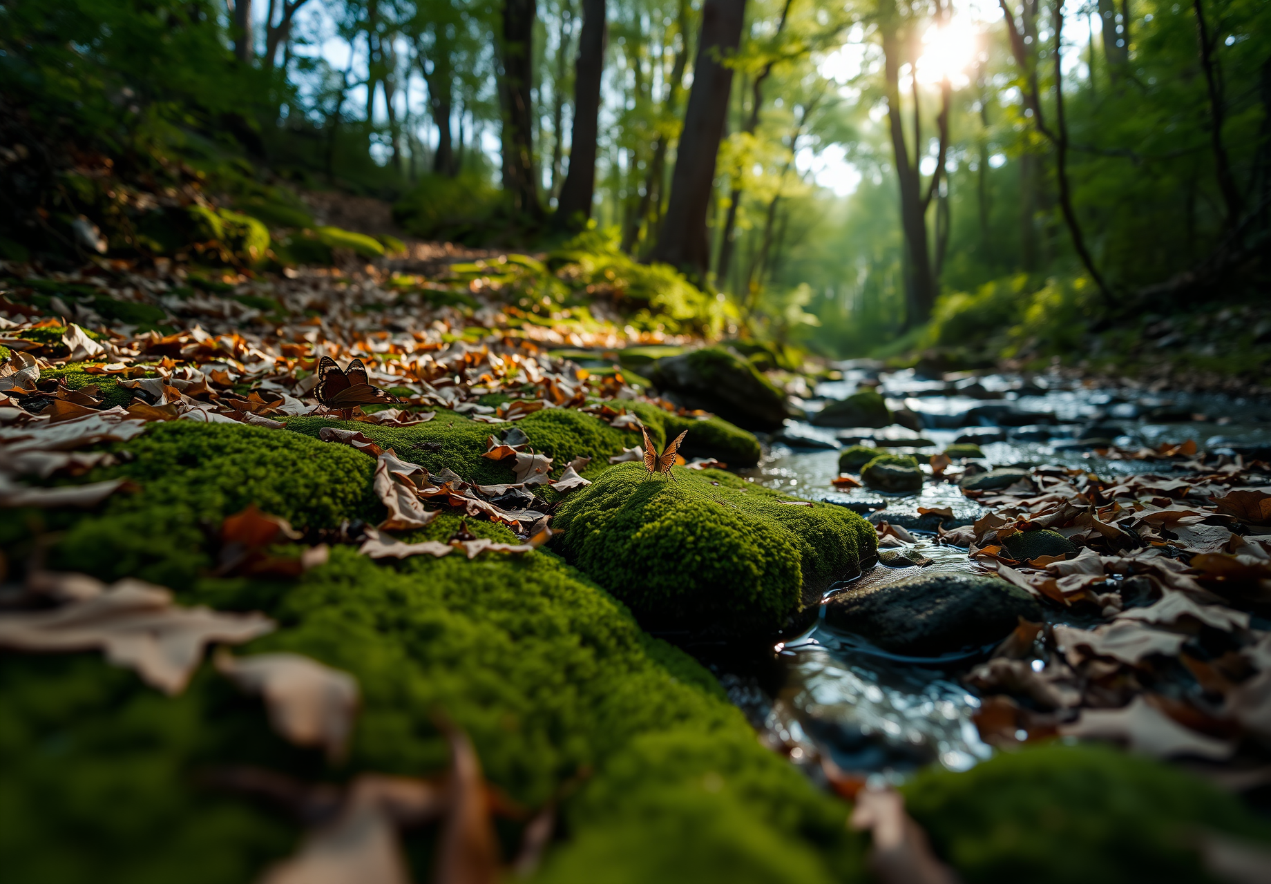 A small stream flows through the forest, the water is clear, the banks are covered with green moss, fallen leaves float on the moss, and a butterfly rests on a rock by the stream. - wallpaper image