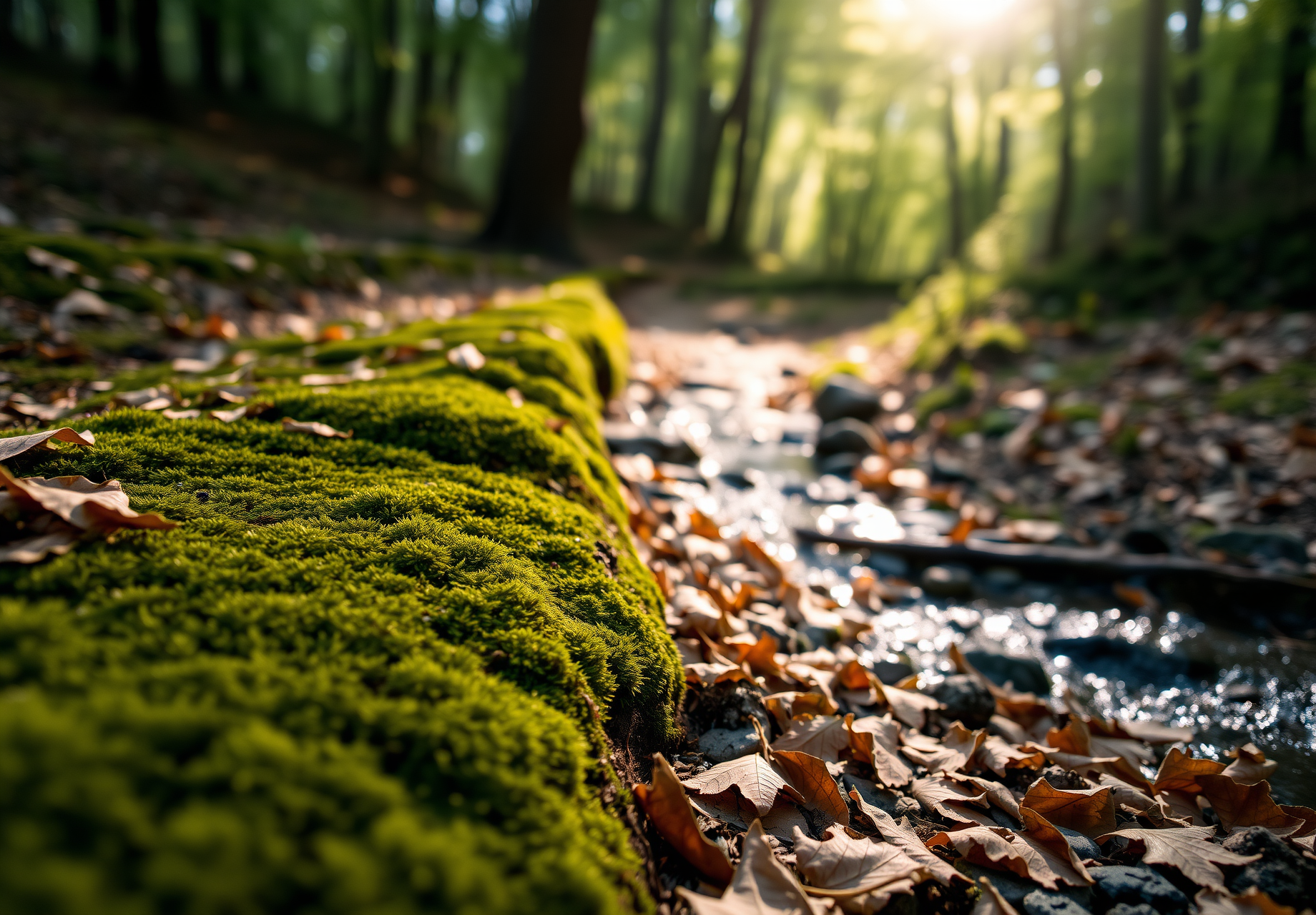 A small stream in the forest, the bank is covered with moss, the water is clear, the sunlight shines through the leaves, the leaves and the stream complement each other, forming a beautiful landscape painting. - wallpaper image