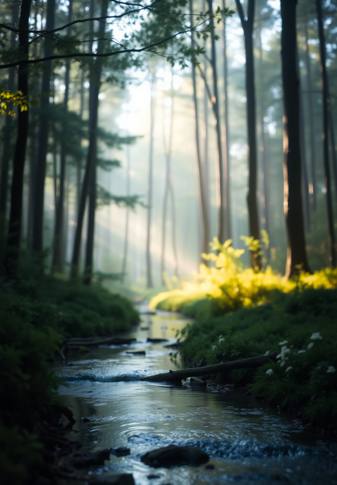 Sunlight shines through the trees onto the stream, forming beams of light. The stream meanders through the dense trees and green grass. - wallpaper image