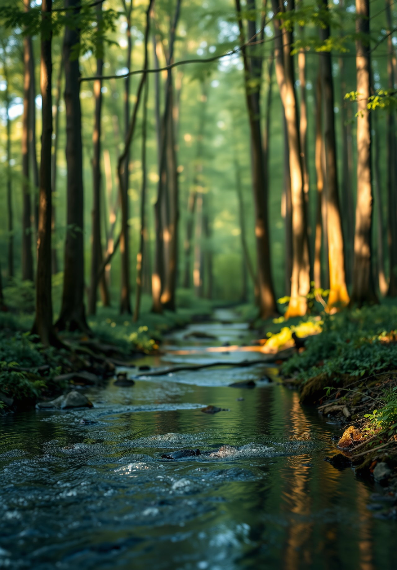 Sunlight shines through the forest and onto the stream, forming beams of light. The stream is clear and flows through the dense forest. - wallpaper image