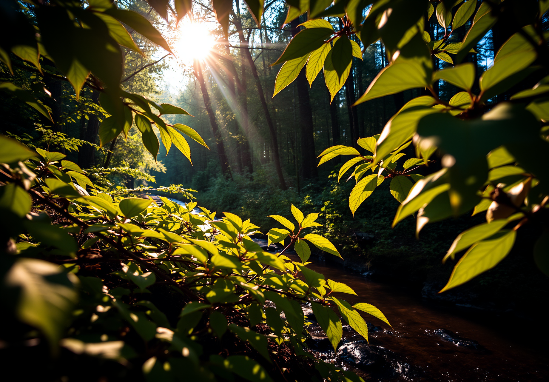 Sunlight shines through the leaves, illuminating a stream in the forest. - wallpaper image