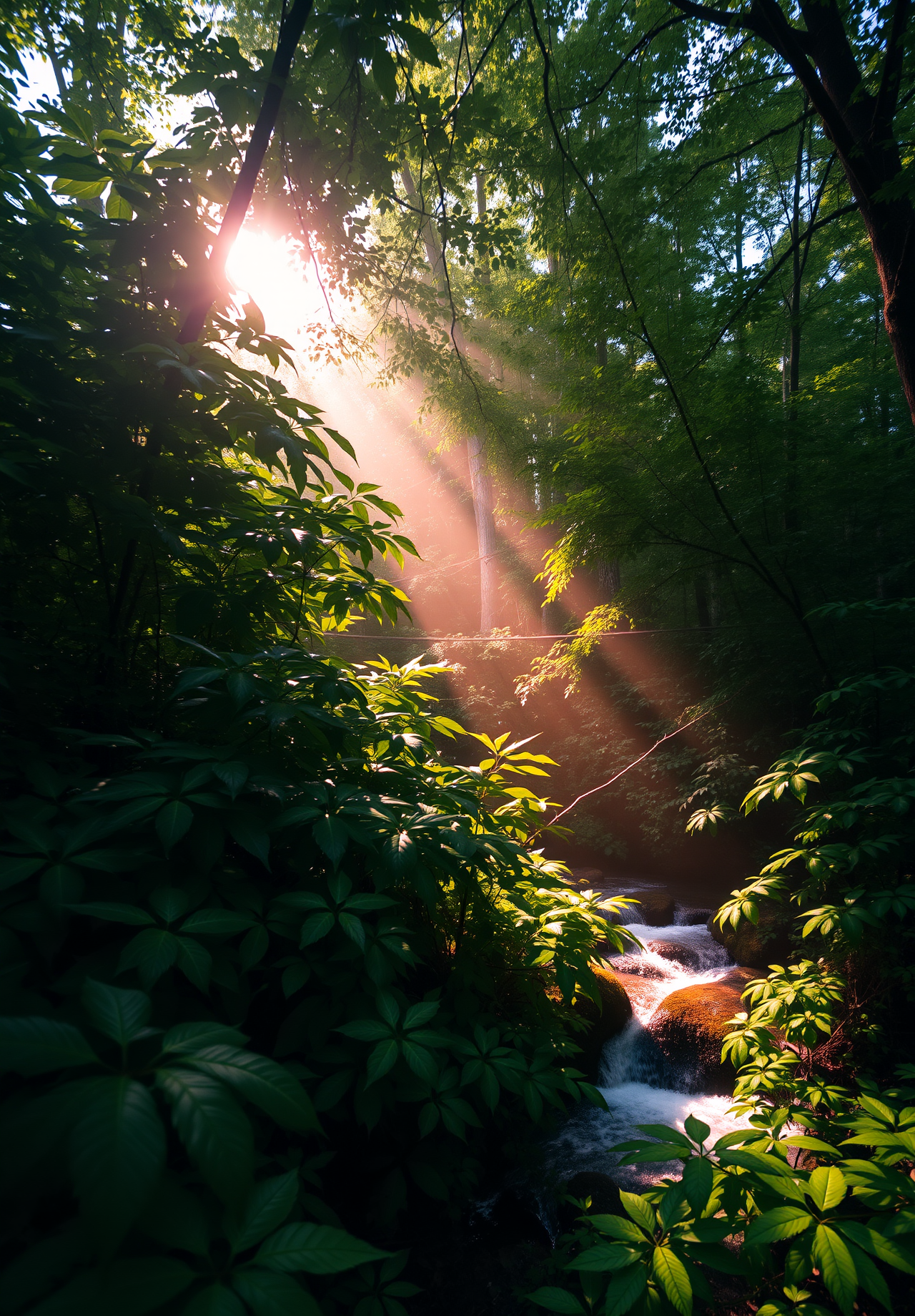 Sunlight shines through the leaves and onto the stream, forming beams of light. - wallpaper image