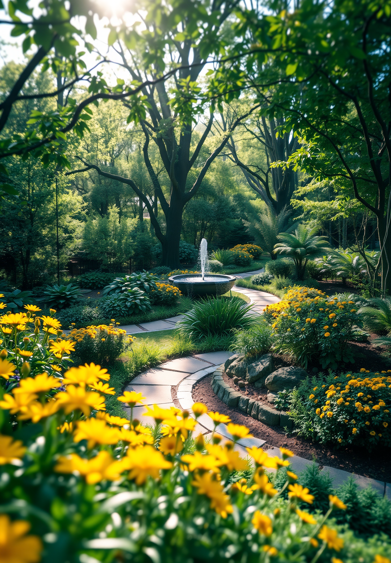 A stone path leads to a fountain in the garden, surrounded by green trees and yellow flowers - wallpaper image