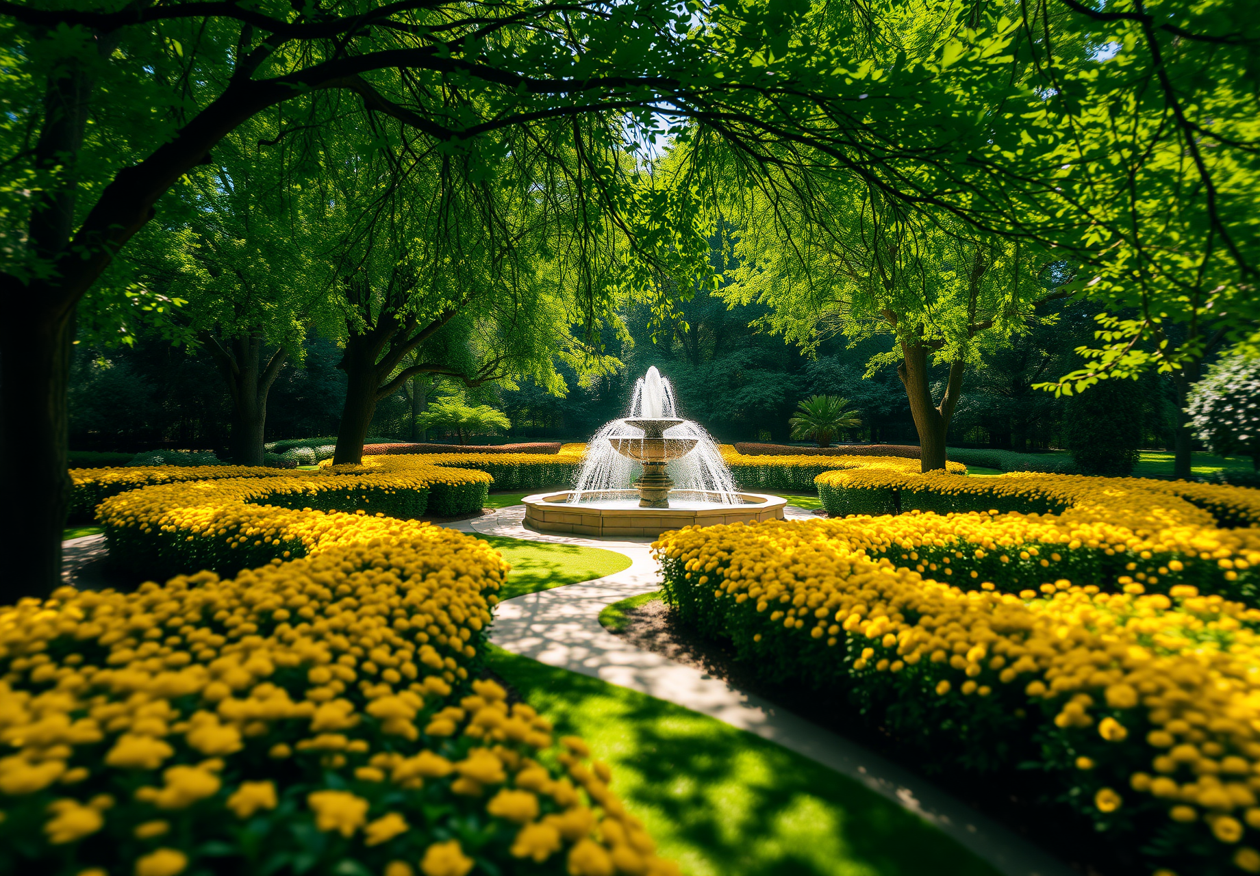 A fountain in a garden surrounded by yellow flowers and green trees - wallpaper image