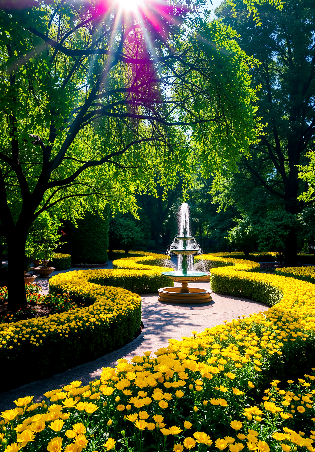 A sunny garden with a fountain in the middle of a green bush surrounded by yellow flowers. - wallpaper image