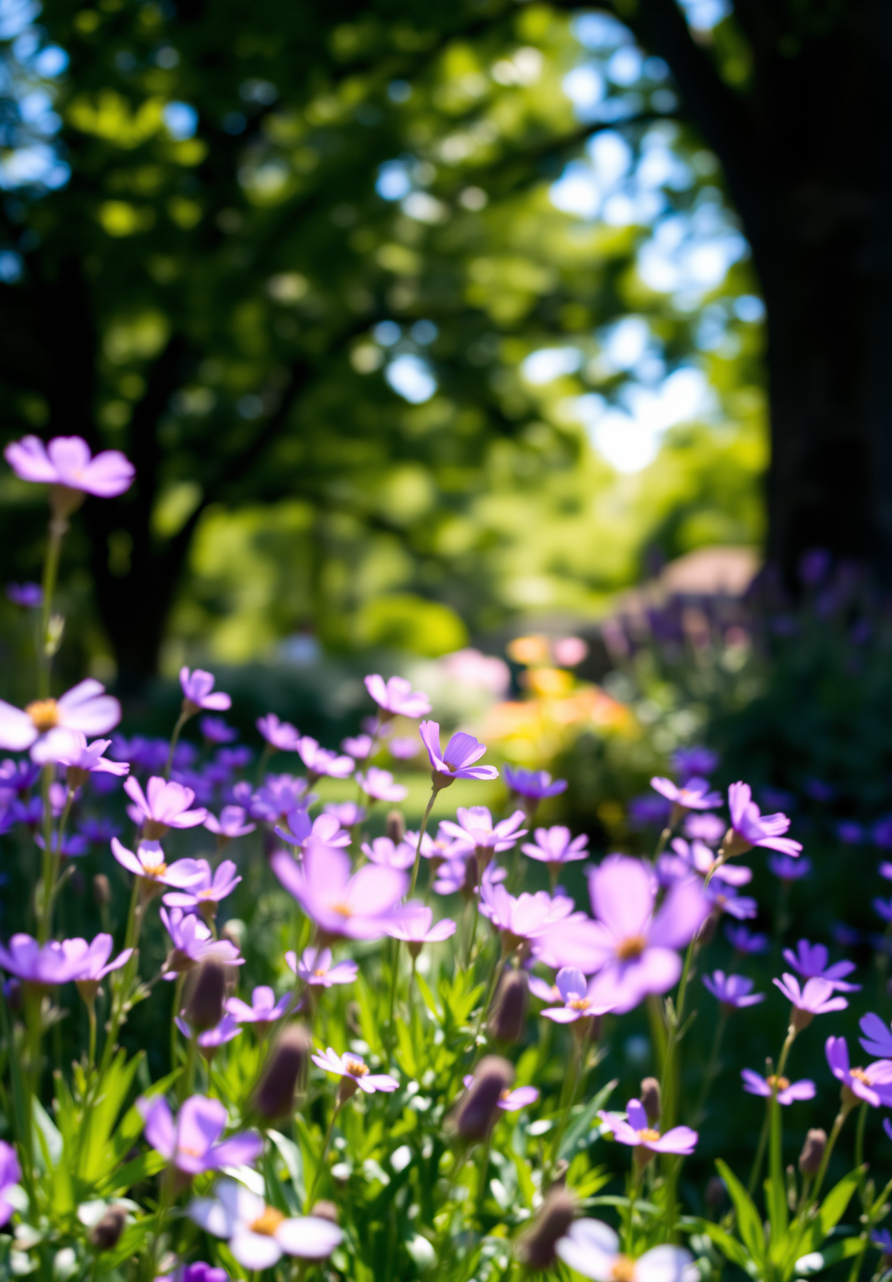 Purple flowers blooming in a garden, with green trees and sunshine in the background - wallpaper image