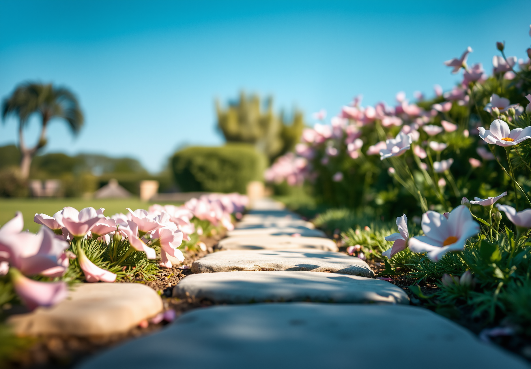 A stone path winds through a field of flowers, leading to green trees and blue sky in the distance. - wallpaper image