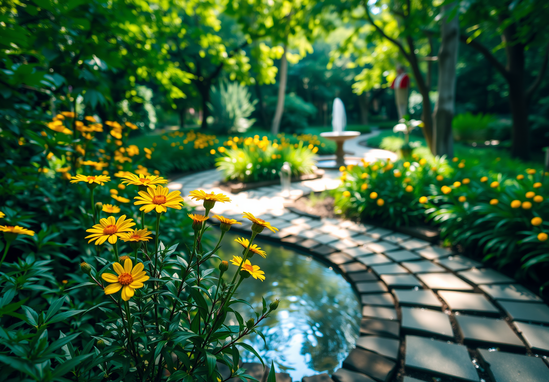 A winding stone path leads to a small fountain in the distance, surrounded by green trees and bushes, with yellow flowers blooming along the side. - wallpaper image