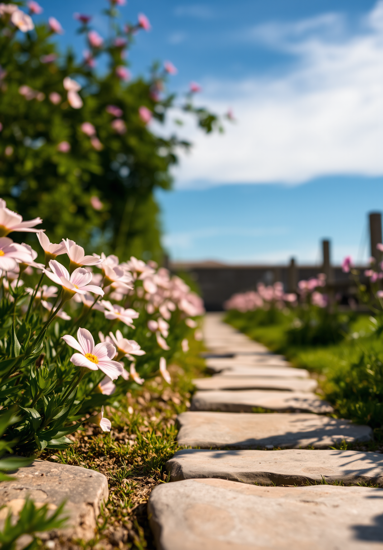 A stone path leads through a field of flowers to a distant blue sky and white clouds, the picture is fresh and natural. - wallpaper image