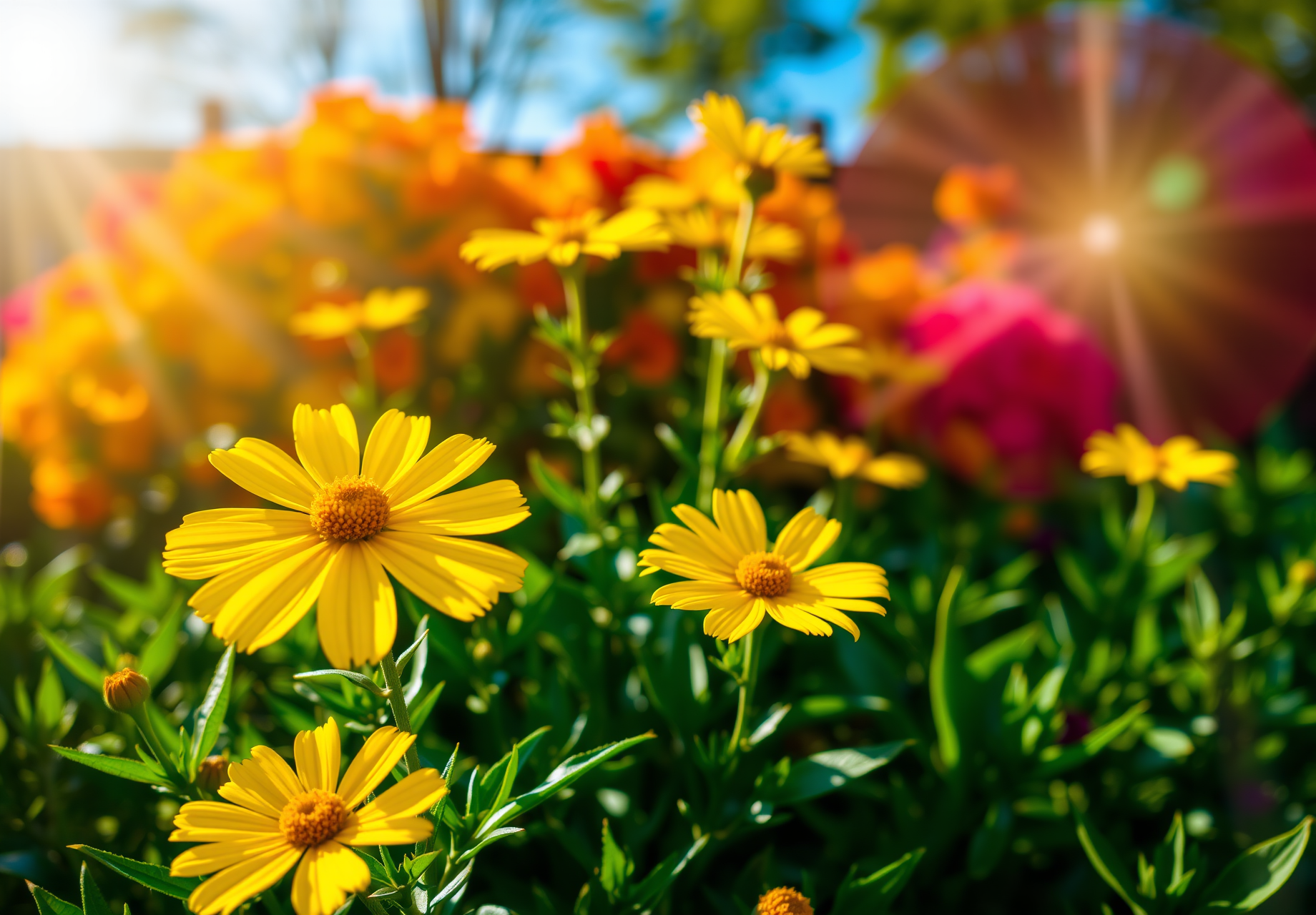 A sunny afternoon, a garden full of yellow flowers, green leaves set off the flowers, the picture is fresh and natural. - wallpaper image