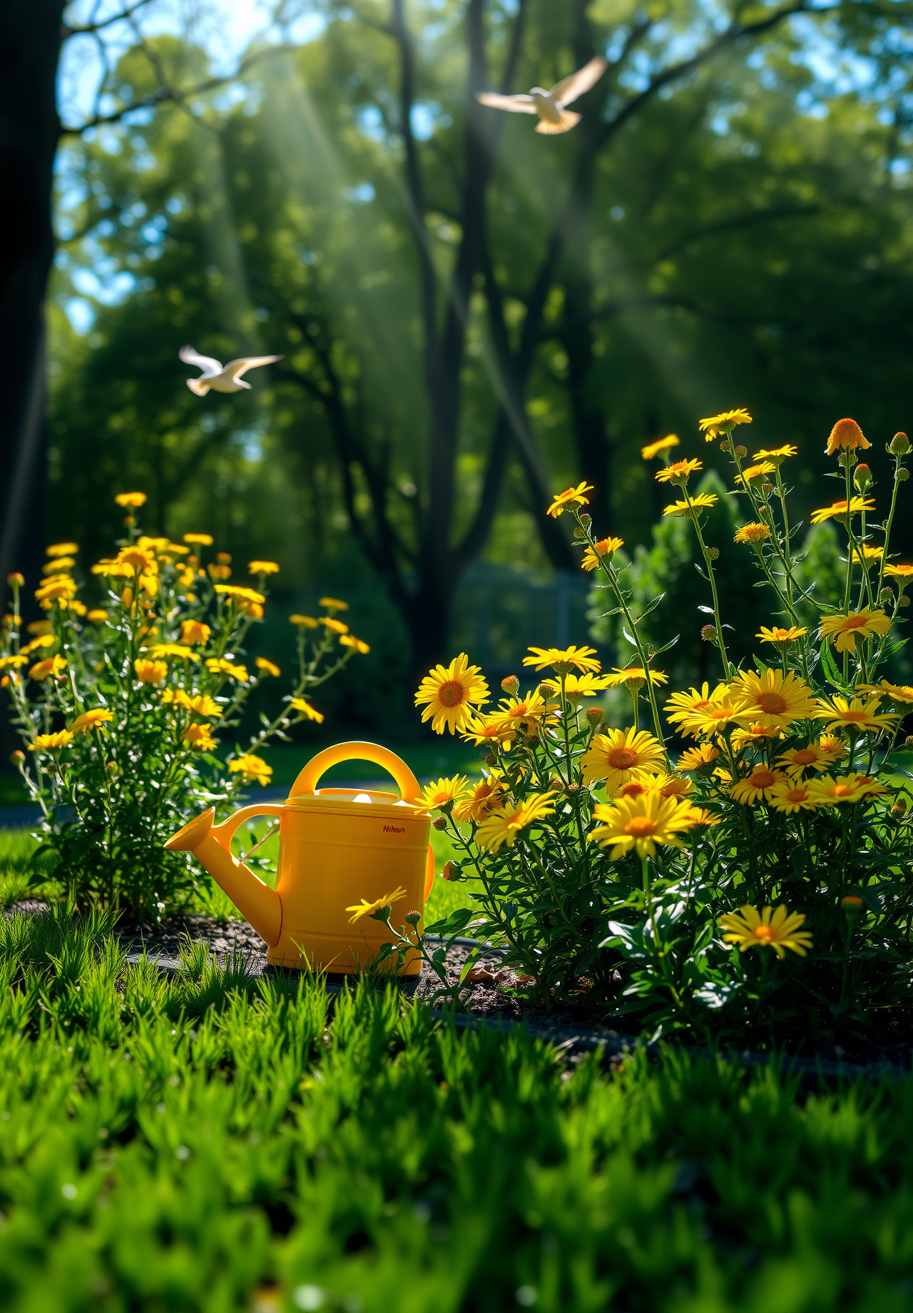 A sunny day, a garden full of yellow flowers, a yellow watering can placed beside the flowers, with two birds flying by. - wallpaper image