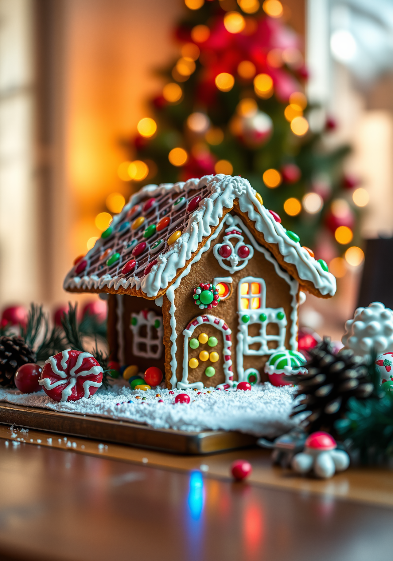 A beautifully decorated gingerbread house with candy and frosting, with a Christmas tree in the background, full of festive atmosphere. - wallpaper image