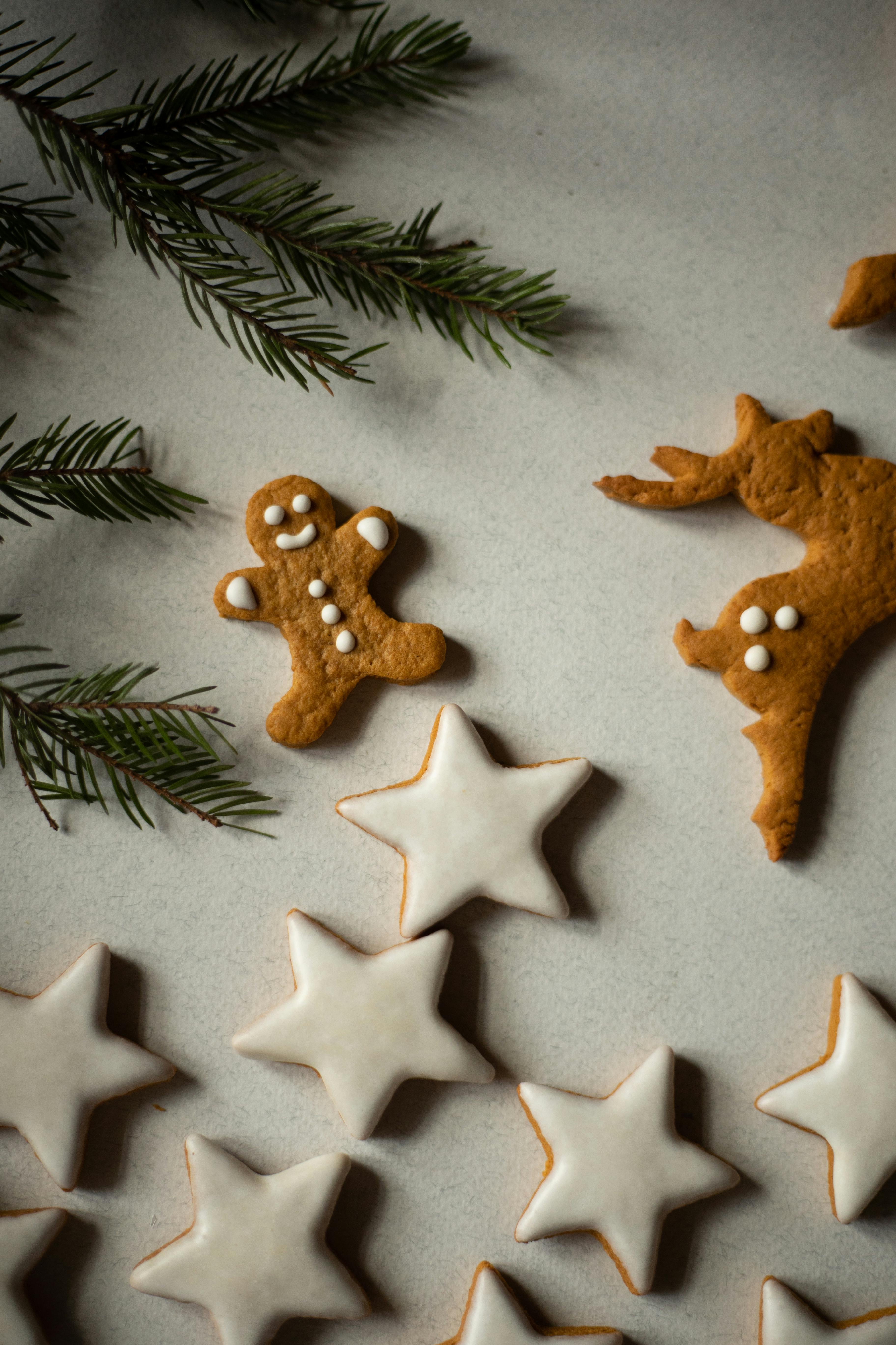 Gingerbread man, gingerbread deer and sugar-frosted star cookies are placed on a white background, with pine branches beside them. - wallpaper image