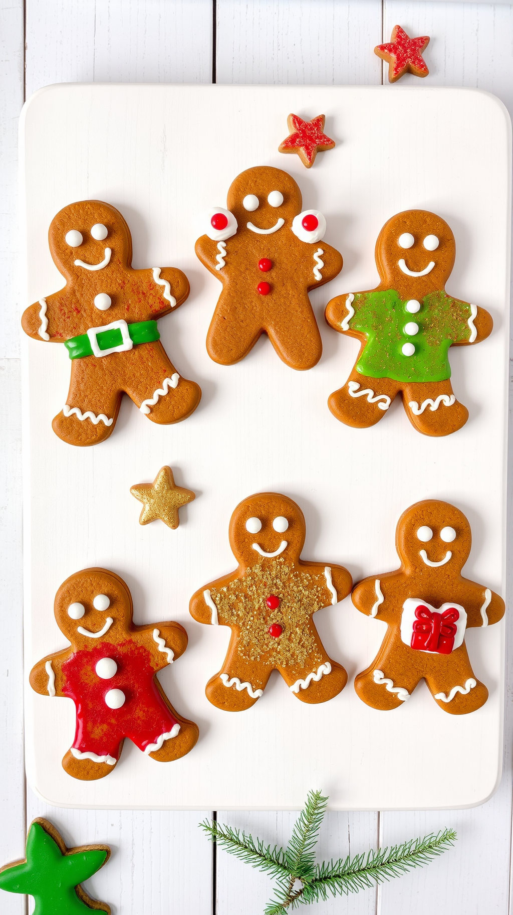 Six gingerbread men are arranged on a white background, decorated with different candies and patterns. - wallpaper image