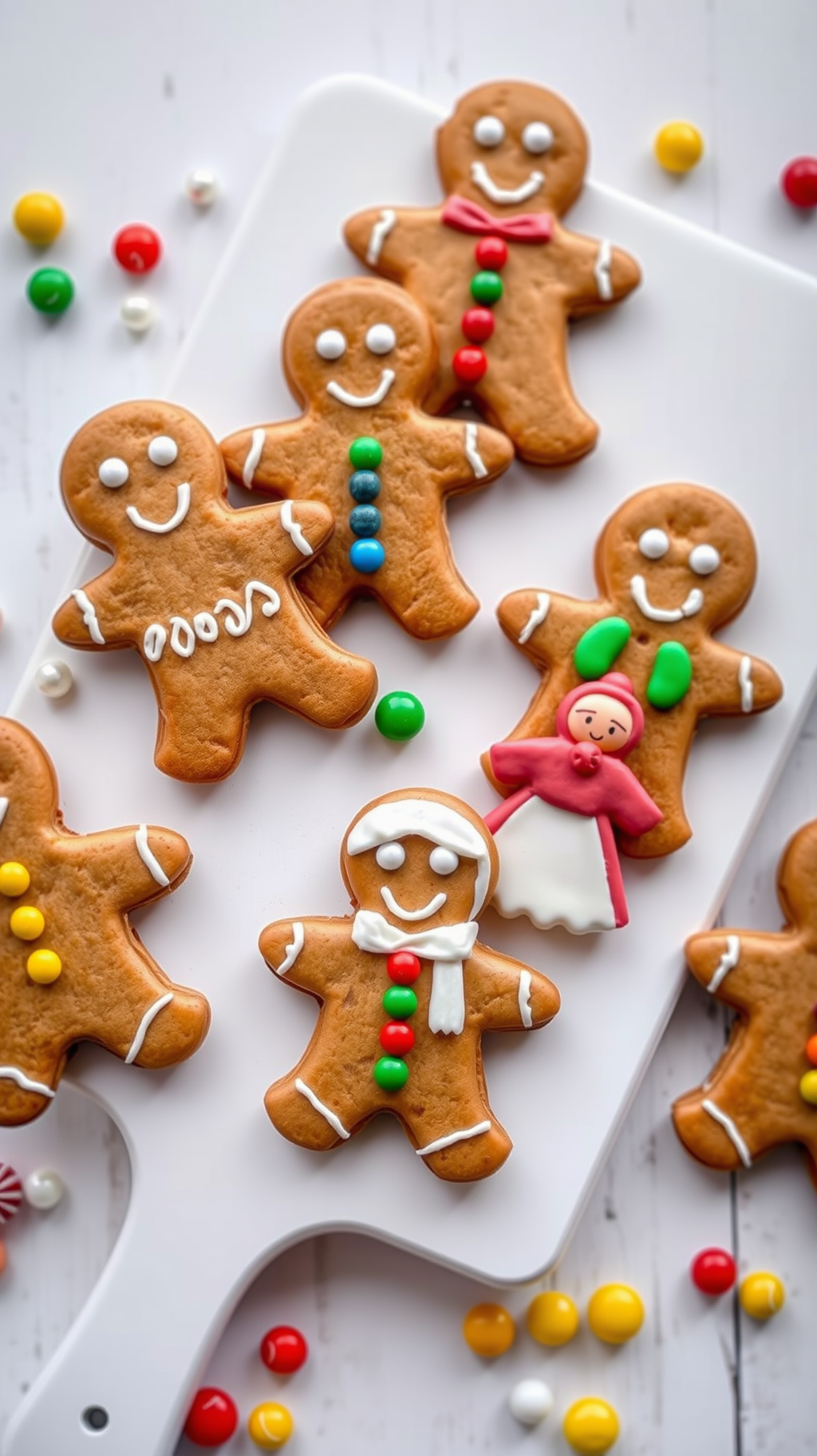 Seven gingerbread men are placed on a white cutting board, with some colorful candies scattered around them. - wallpaper image