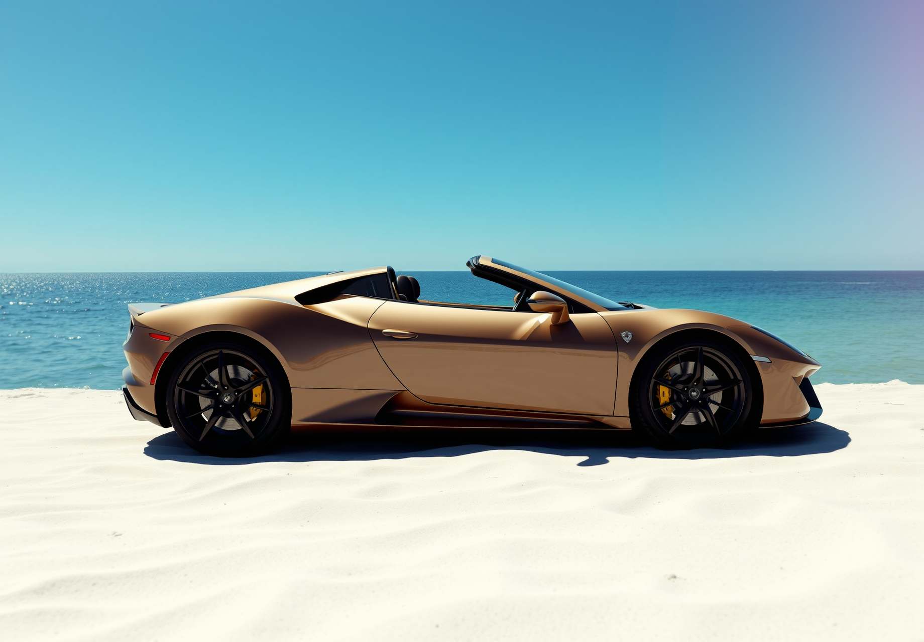 A gold convertible sports car parked on the beach, against a backdrop of blue sea and sky. - wallpaper image