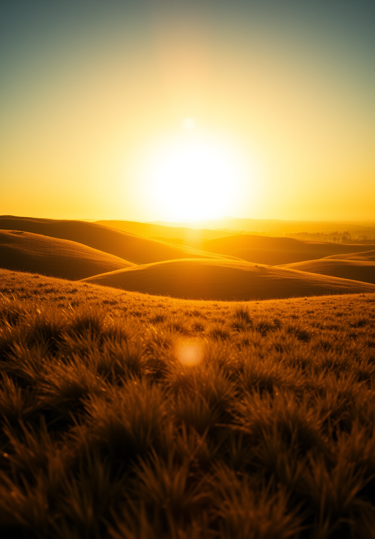 The sun sets over a field of grass, casting a golden glow on the rolling hills in the distance. - wallpaper image