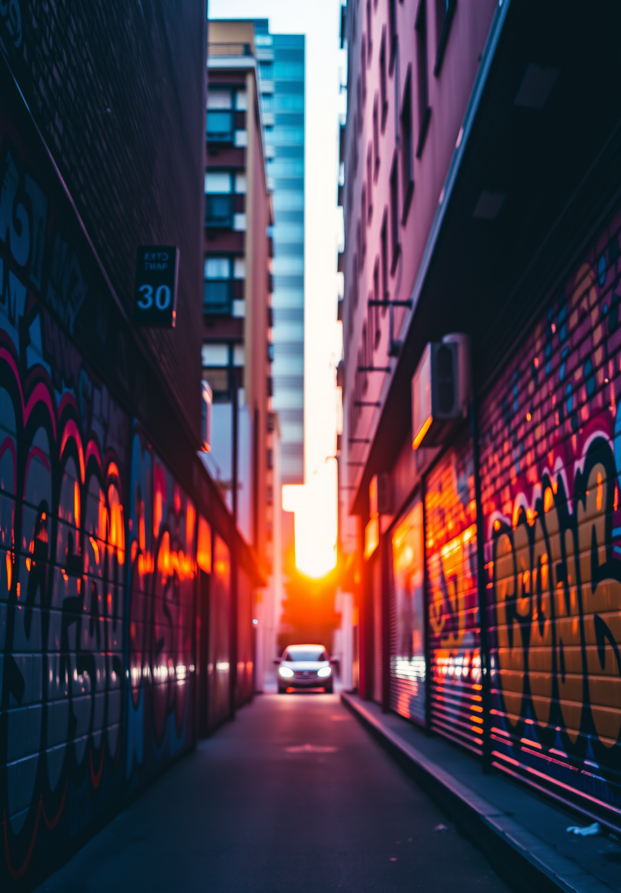 The setting sun shines through a narrow street, illuminating the graffiti walls on both sides, a car is driving into the depths of the street. - wallpaper image