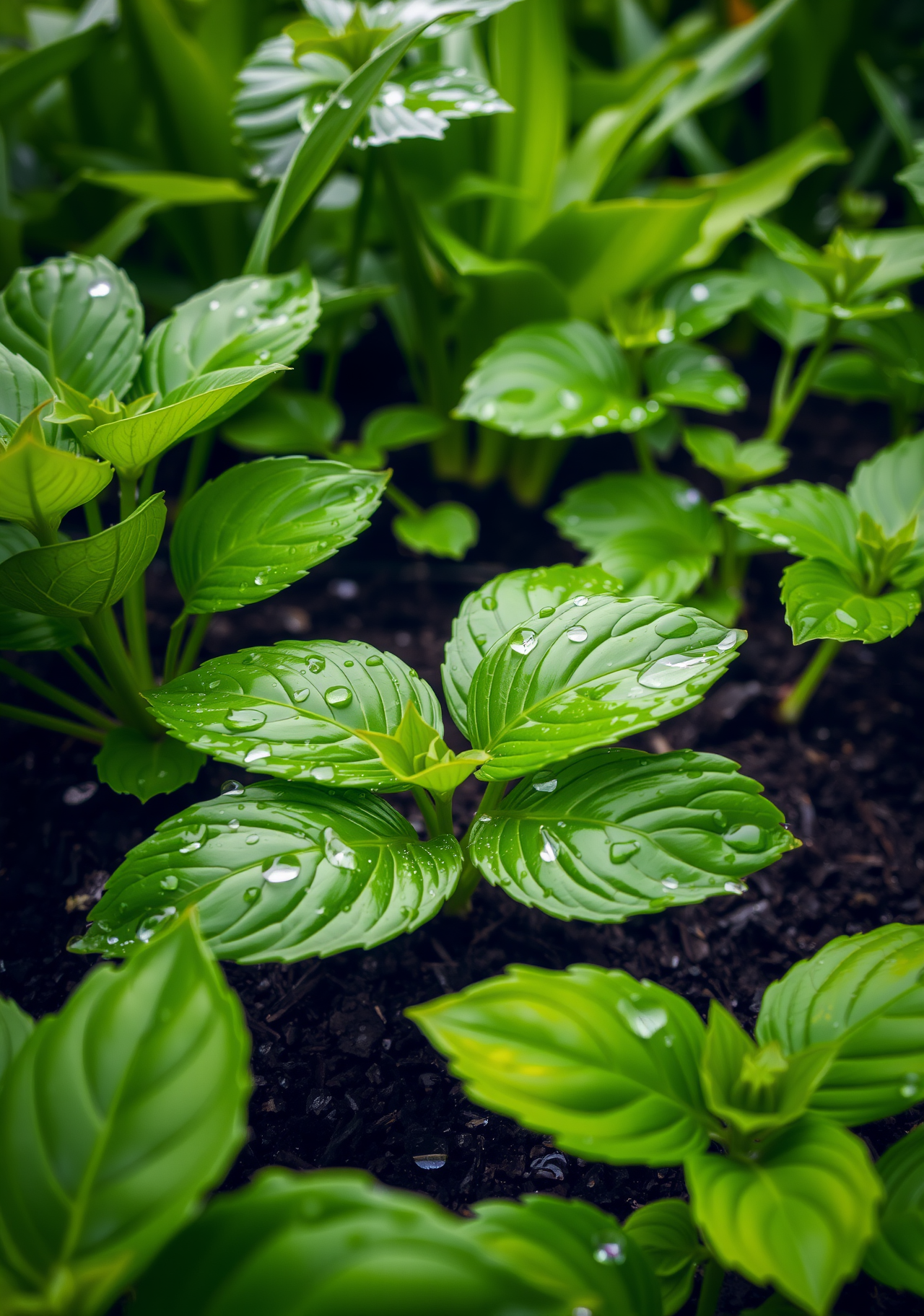 After the rain, the green leaves are covered with crystal clear raindrops, exuding vigor. - wallpaper image