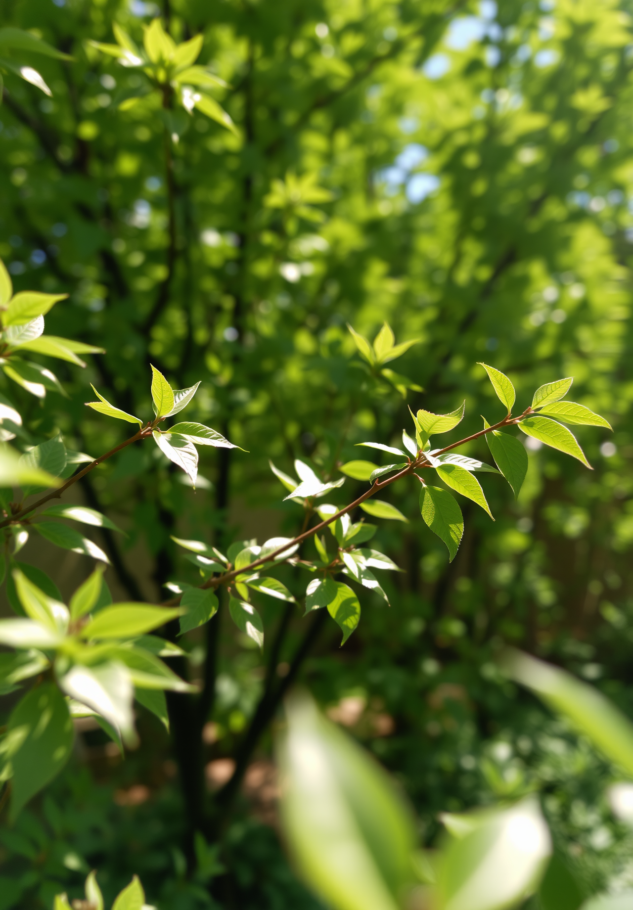 Sunlight shines on the green leaves, creating a light and shadow effect. - wallpaper image