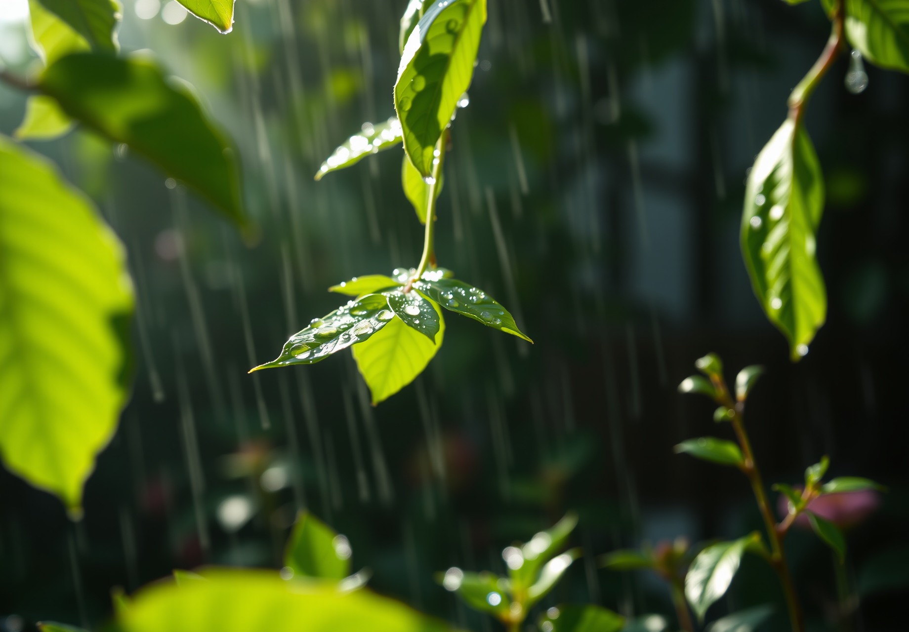 Raindrops fall on green leaves, the water droplets sparkle. - wallpaper image