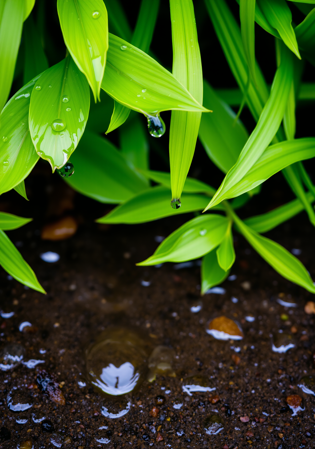 Green leaves with water drops on them, with soil below. - wallpaper image