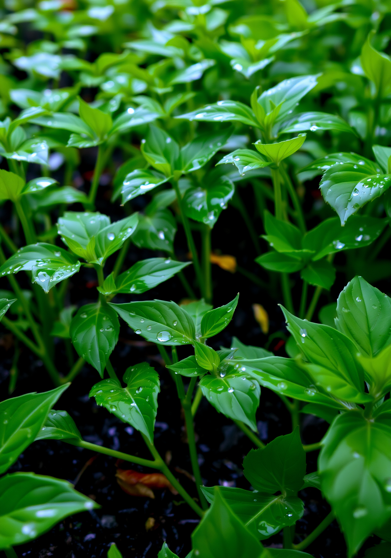 Green leaves covered with water drops, looks very fresh and natural. - wallpaper image