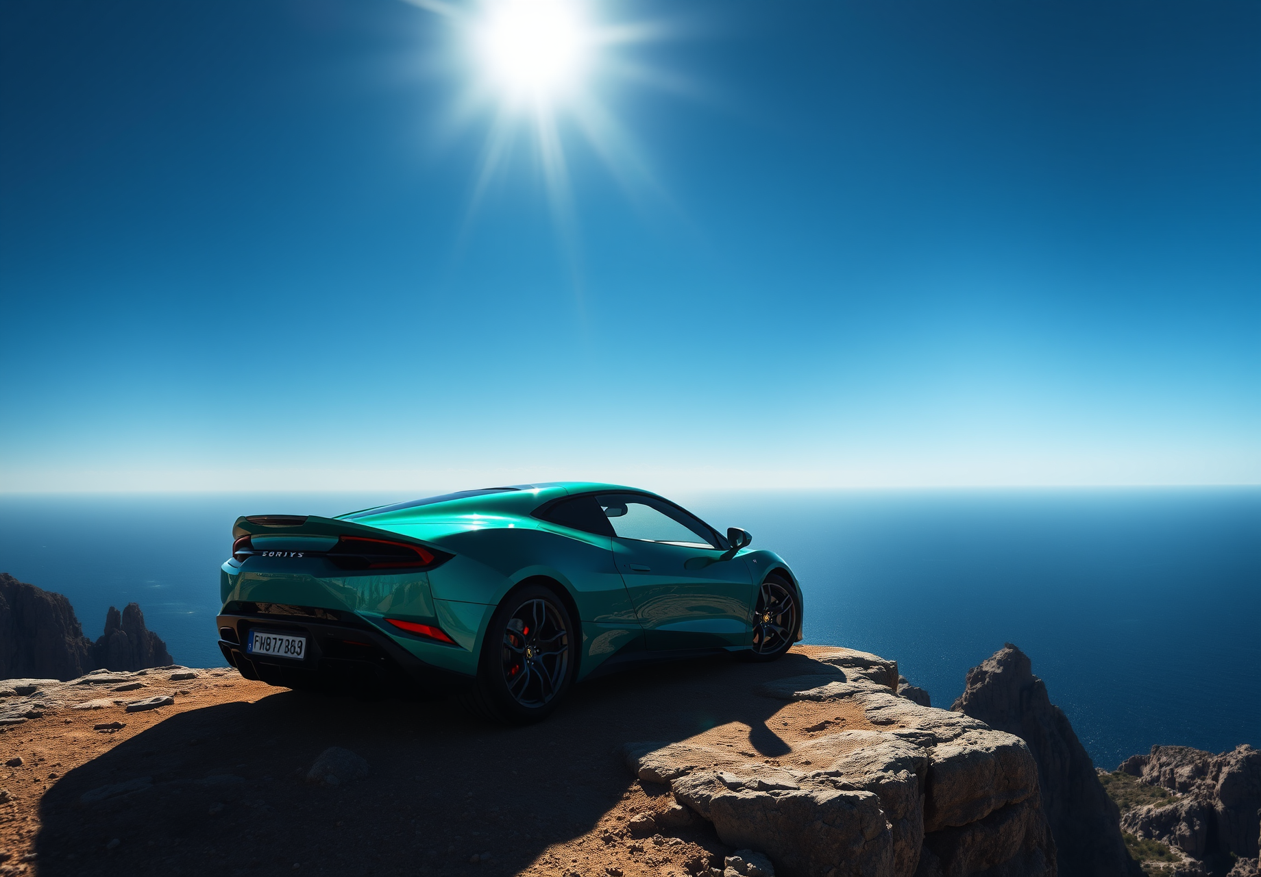 A green sports car parked on the edge of a cliff, with a blue sea and sky in the background. - wallpaper image