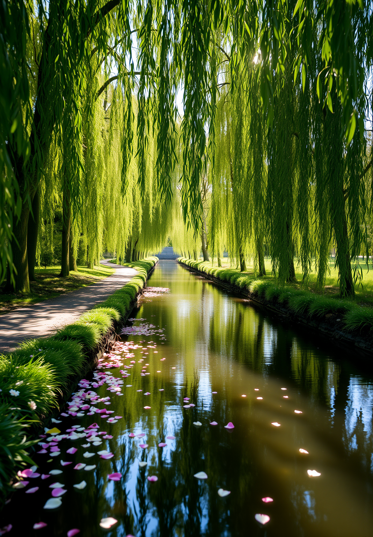 On a sunny day, a small river lined with green trees, with pink petals floating on the water, a path by the river leads to the distance. - wallpaper image