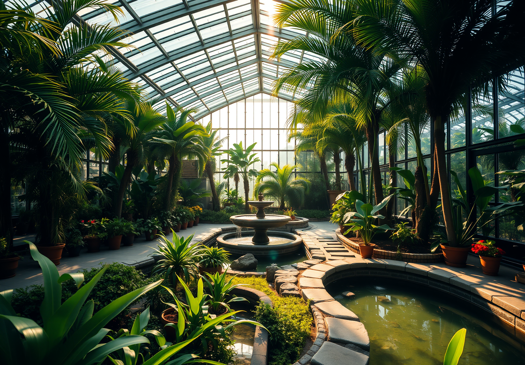 A greenhouse garden with various green plants, a fountain in the middle and some small ponds nearby. - wallpaper image