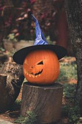 A jack-o-lantern wearing a witch hat, sitting on a tree stump. - wallpaper image